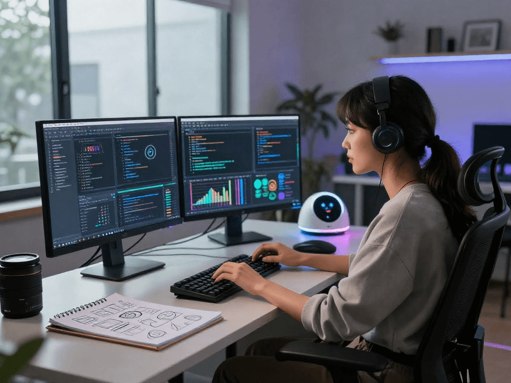 NSFW AI development workspace with a developer coding algorithms, showcasing tech creativity and data visualization.