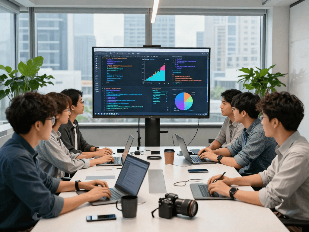 Developers collaborating on Pikashow software in a modern workspace, showcasing technology and teamwork.