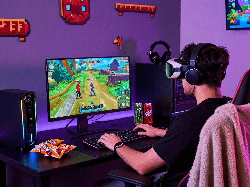 Engaged adult playing interactive porn games in a vibrant gaming setup.
