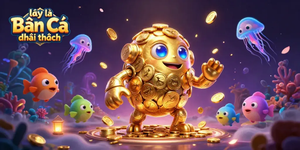 Engage in the vibrant world of lại là Bắn cá đổi thưởng with a colorful golem and aquatic characters in an electrifying gaming scene.