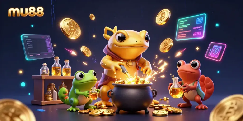 Win gold coins with mu88 in a magical alchemist's lab full of vibrant treasures.
