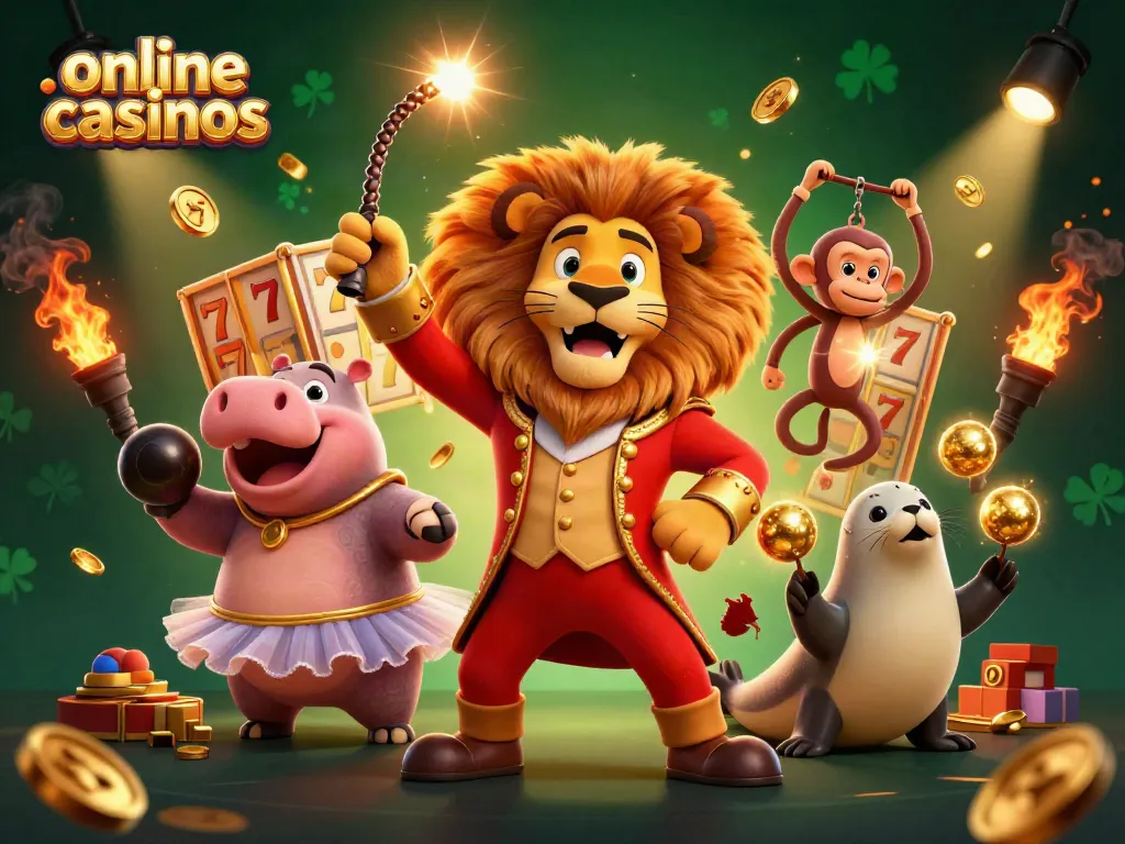 Engage with exciting online casinos through a lively scene featuring a circus lion and friends amidst slot reels and gold coins.