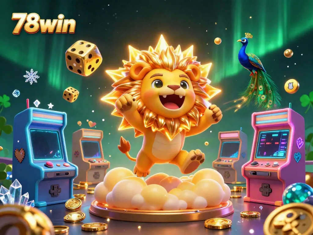 Engage in thrilling online gaming at 78win while observing the majestic lion celebrating victory in a vibrant casino world.