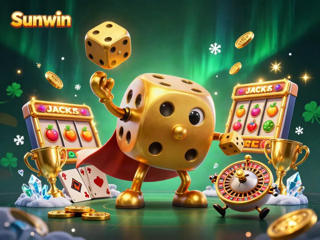 Experience endless fun with Sunwin's dynamic golden dice and casino elements in a vibrant 3D scene.