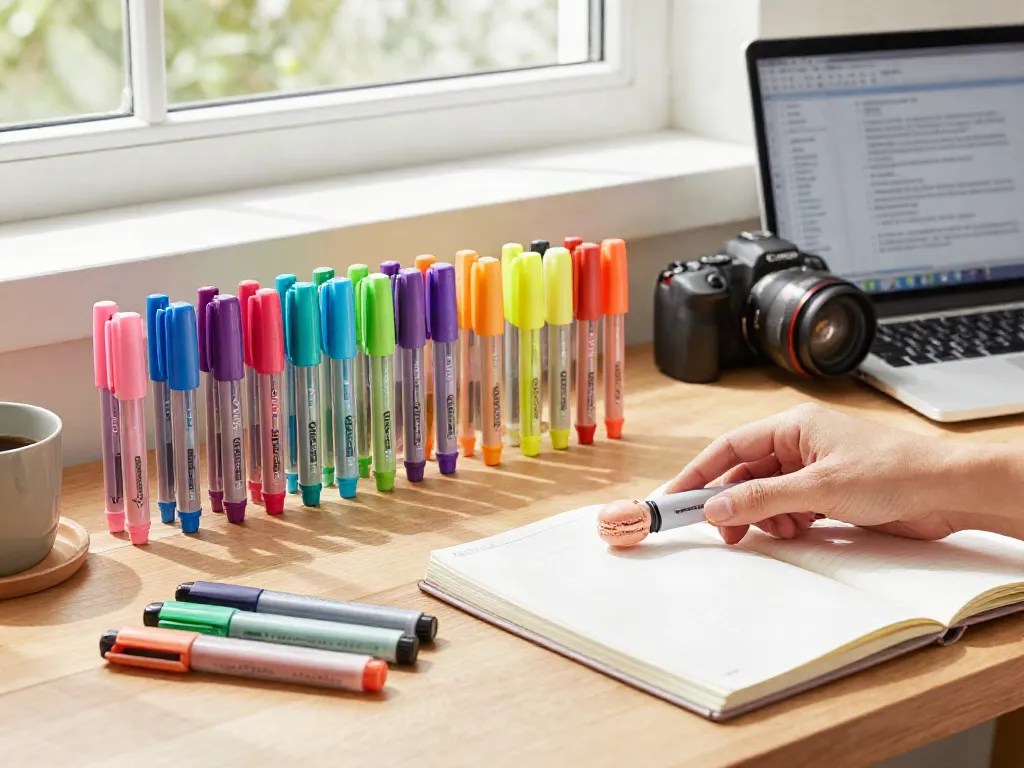 Highlighter manufacturer showcasing a variety of colorful pens in an organized workspace.