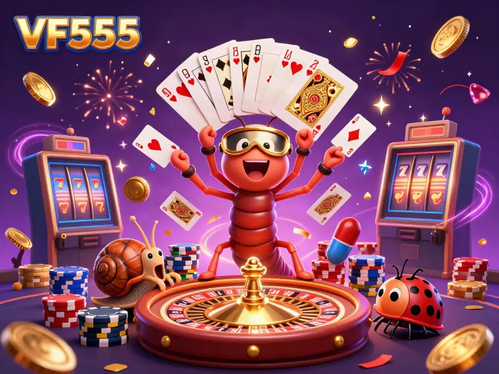 Experience the vibrant VF555 casino atmosphere with characters delighting in games and excitement.