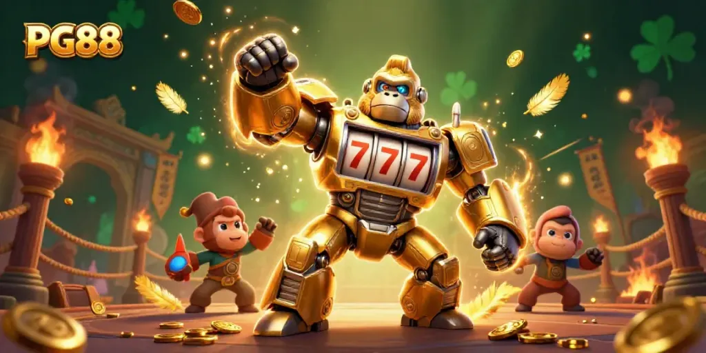 Experience thrilling wins with PG88 in a high-energy casino setting featuring a golden mech and slot elements.