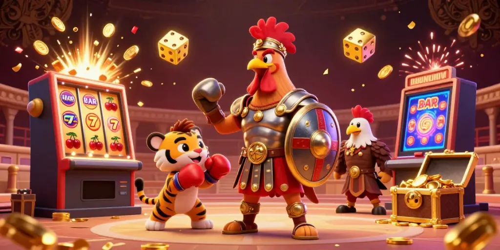 Experience ace67 excitement with a colorful 3D casino scene featuring a gladiator rooster and vibrant slot machine.