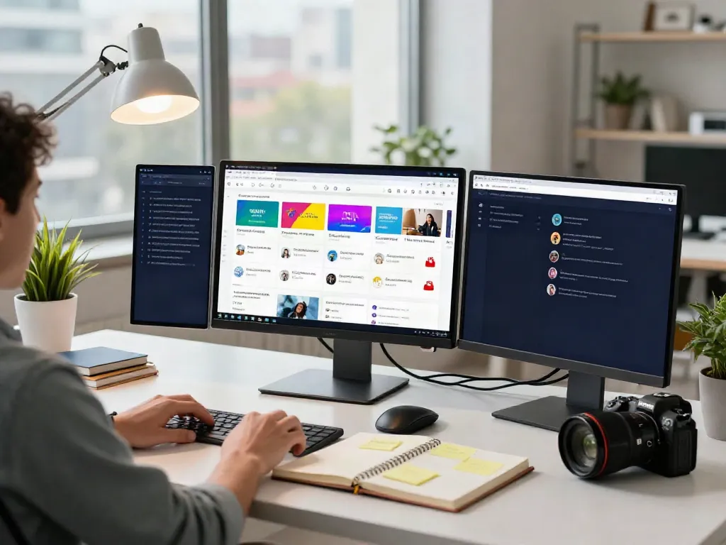 Organized digital workspace focusing on 주소모음 for fast website access, featuring multiple screens and a stylish desk.