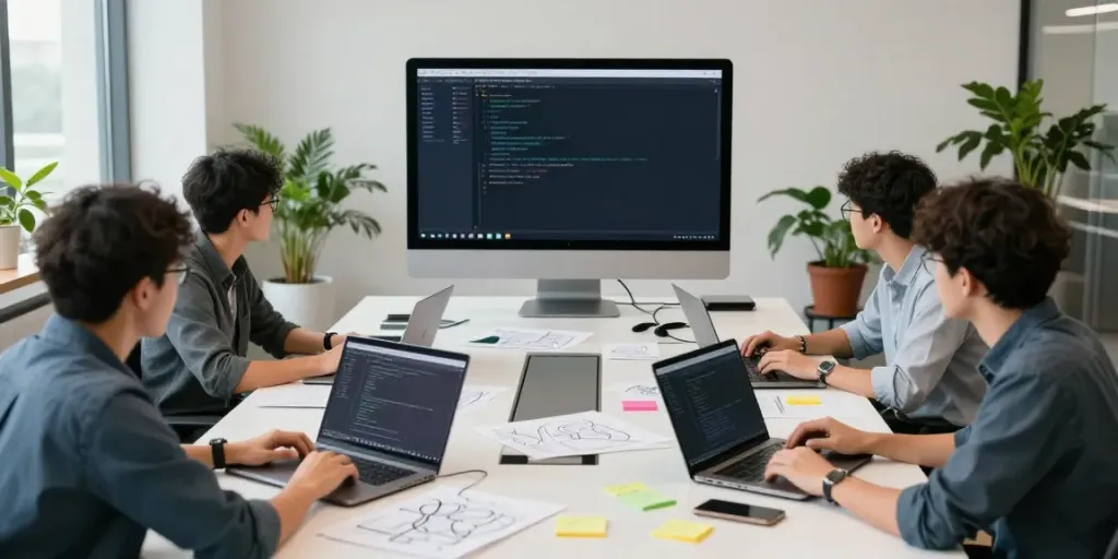 Collaborative developers working on 2113 Apps in a modern tech workspace