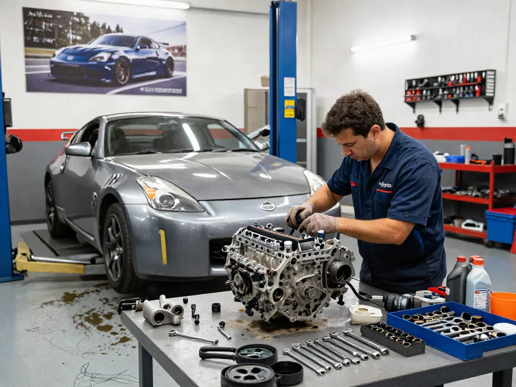 Expert technician working on a CD009 transmission for sale in an organized automotive workshop.