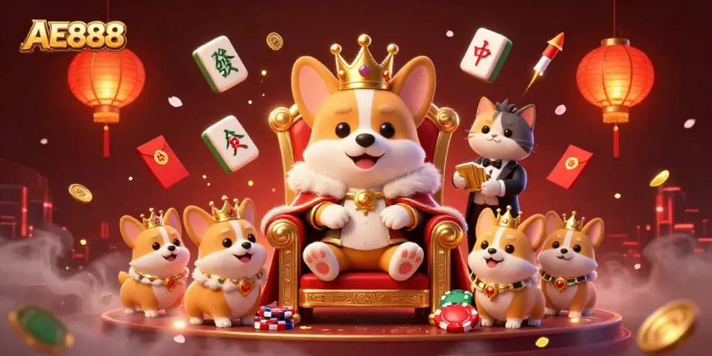 Experience the vibrant world of AE888, where a royal corgi presides on a throne of poker chips amidst festive elements.