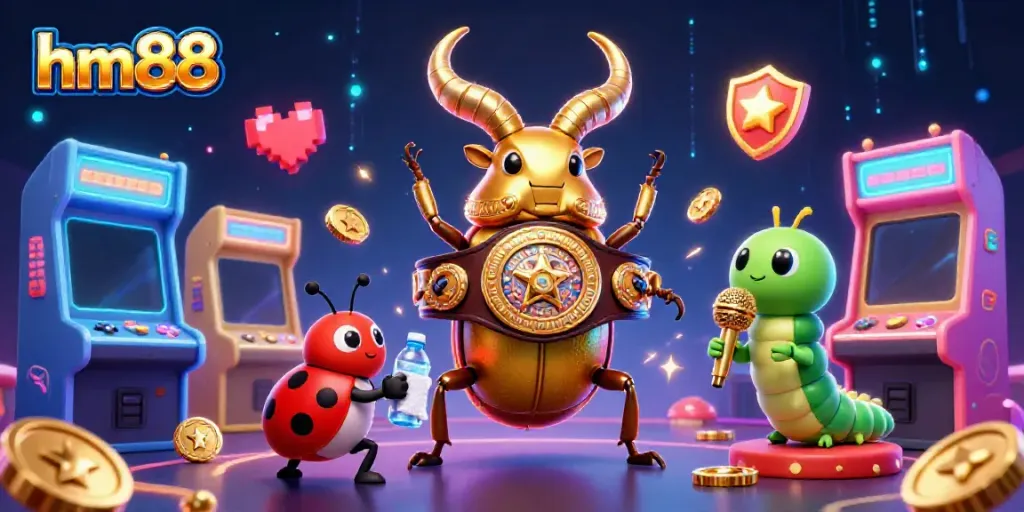 Experience the thrill of gaming with hm88's vibrant 3D illustration featuring unique characters and arcade elements.