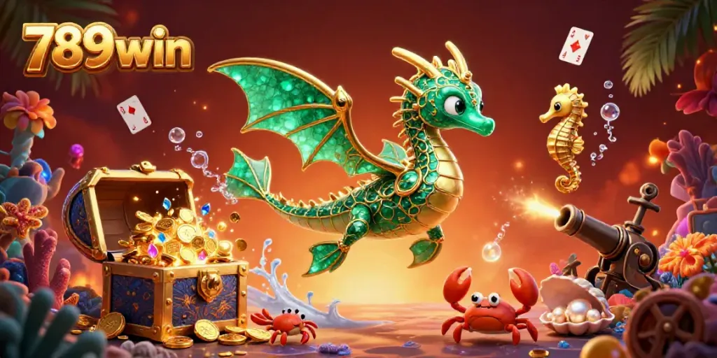 Experience the vibrant world of 789win as a majestic sea dragon guards treasure, surrounded by casino-themed elements.