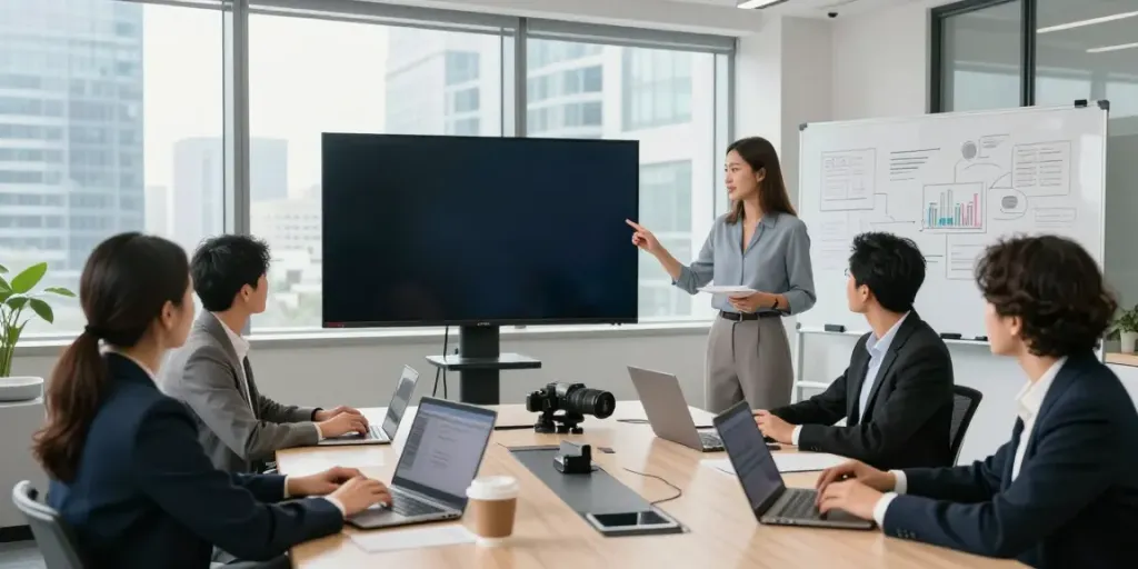 Deepfake protected conferencing session in a modern office with a diverse team collaborating.
