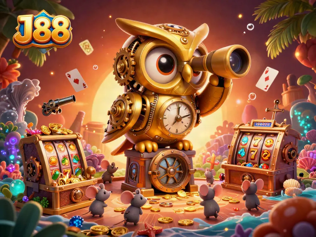 Experience the thrill of J88 gaming, featuring a casino scene with an owl and vibrant slot machine elements.