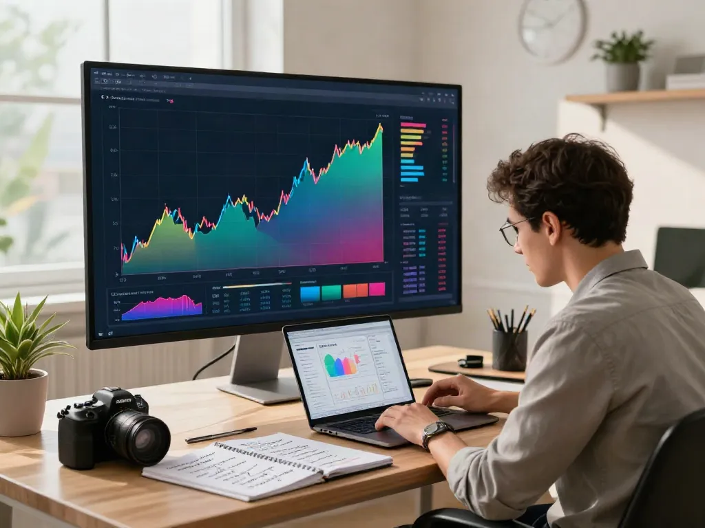 Analyzing market trends on FintechZoom.com in a stylish home office.