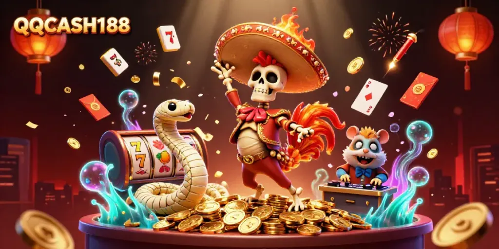 Experience vibrant wins with QQCASH188 featuring a celebratory scene of charming characters in a dynamic casino setting.