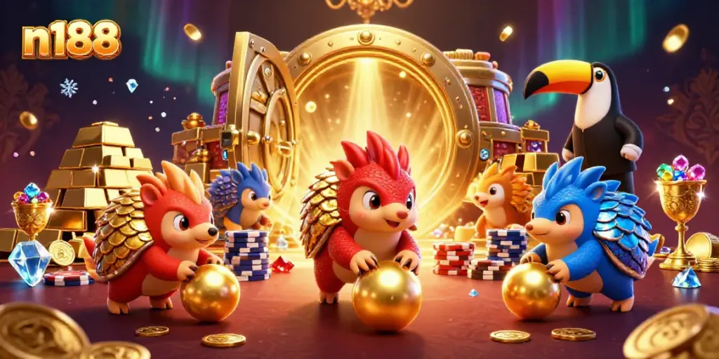 Exciting n188 scene with cartoon pangolins competing for golden treasures among poker chips.