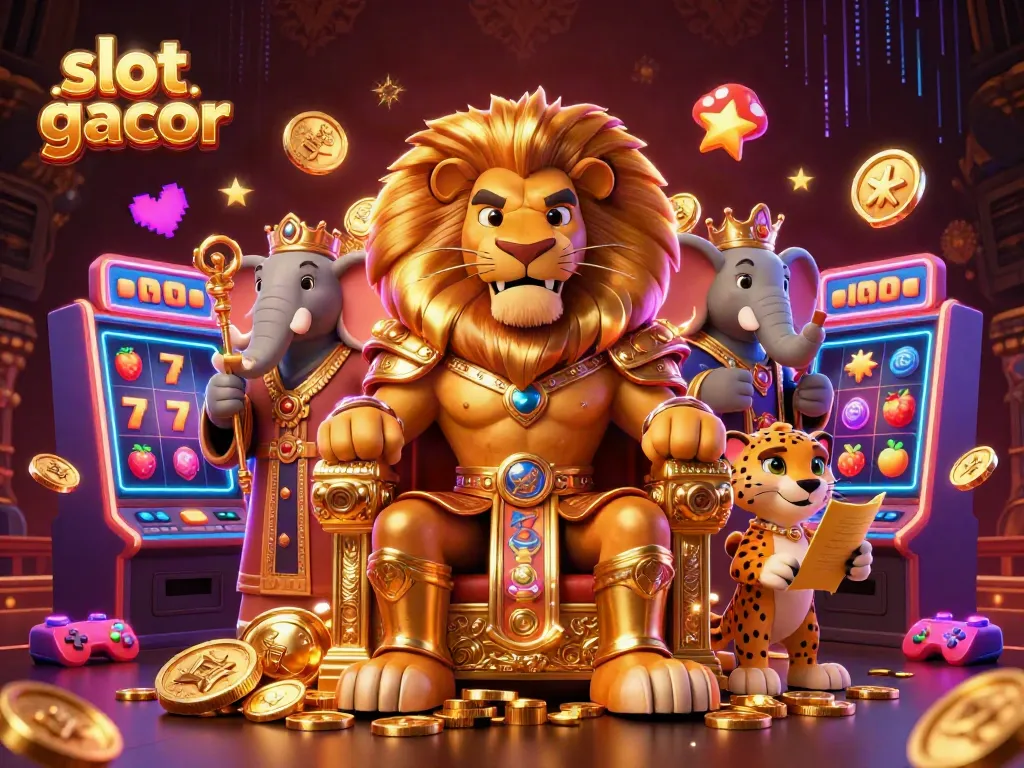 Experience thrilling wins with the vibrant slot gacor scene featuring a lion king and animated slots.