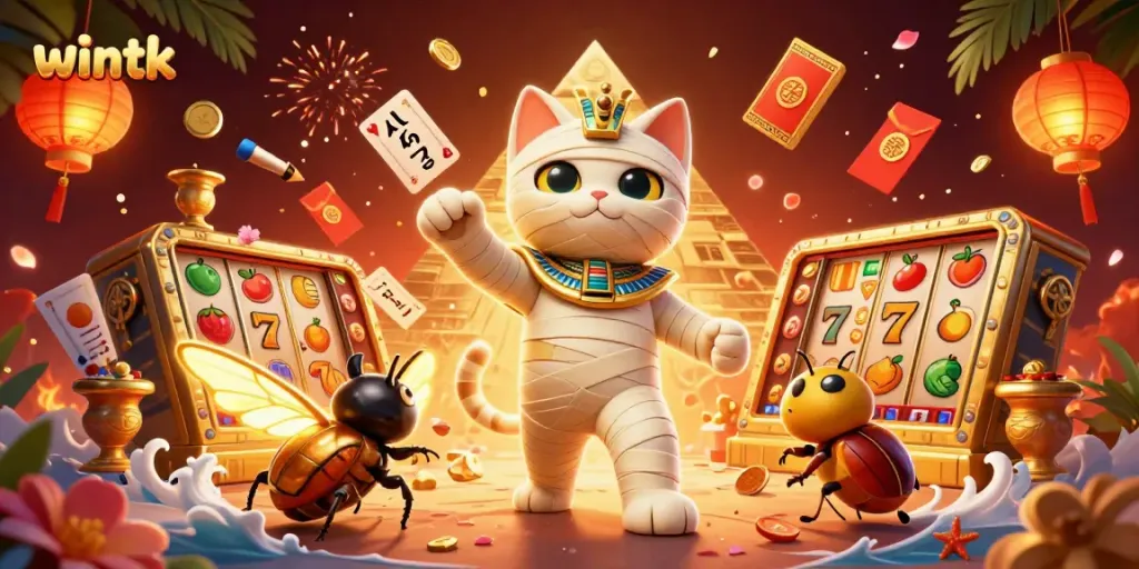 Experience thrilling gameplay at Wintk Casino with festive slot reels and vibrant characters.