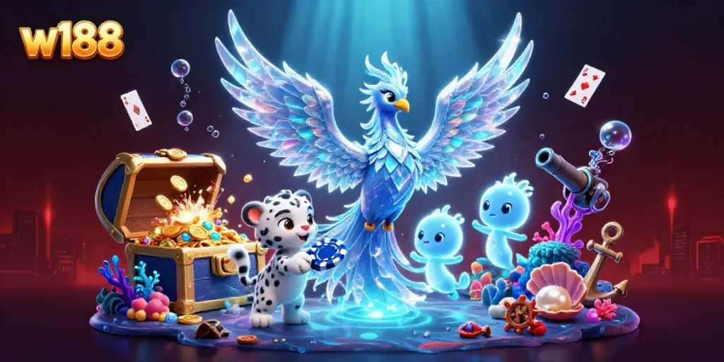 Experience the lively w188 casino scene featuring a magical ice phoenix and playful snow leopard.