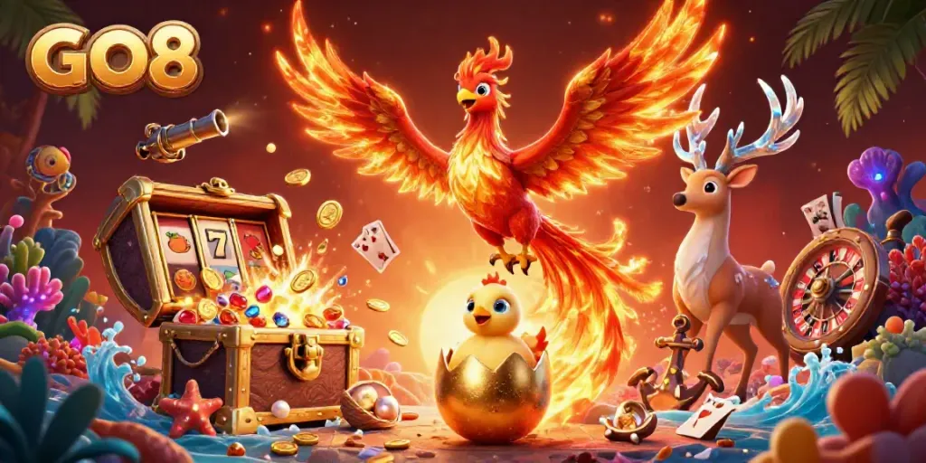Experience the excitement of GO8 with a phoenix and gaming elements in a vibrant casino scene
