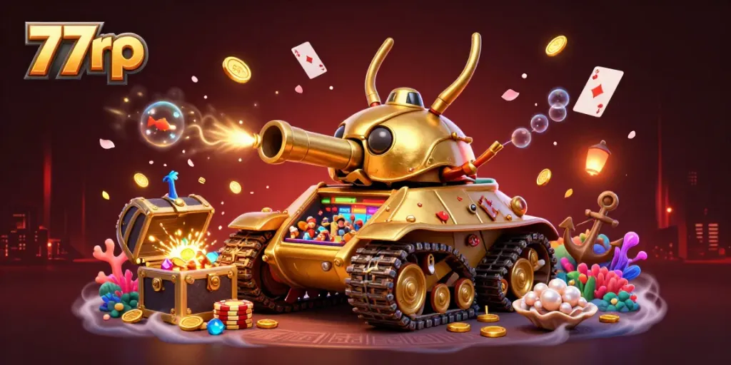 Experience thrilling gaming adventures with 77rp's colorful and dynamic casino-themed illustration.