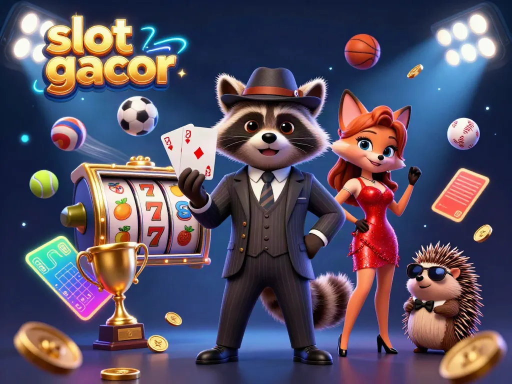 Experience excitement with slot gacor as raccoon, fox, and hedgehog celebrate wins amid dynamic casino elements.