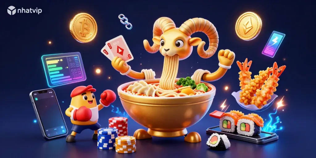 Nhatvip's vibrant casino scene with a golden ramen bowl character, Bitcoin coins, and energetic game elements.