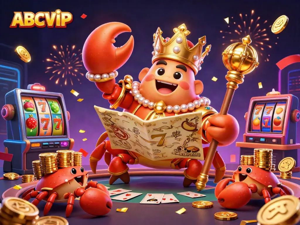 Experience the vibrant and exciting world of ABCVIP with a golden crab emperor and dynamic casino elements.