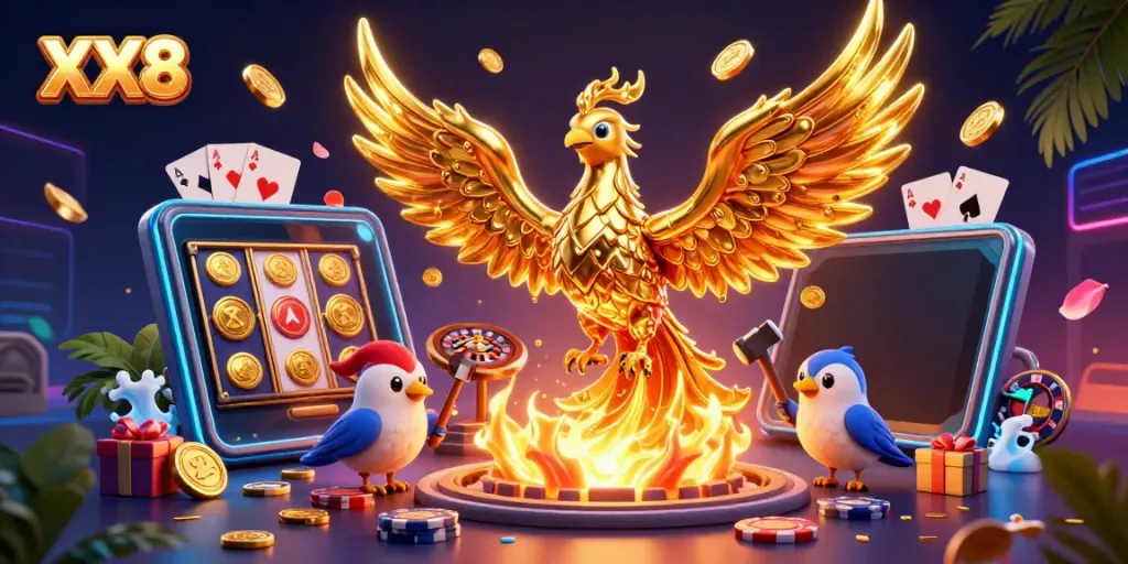 Experience the thrill of winning with XX8's vibrant gaming elements and molten phoenix illustration.