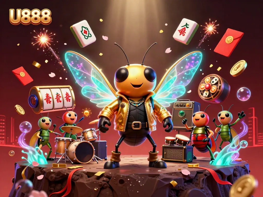 Experience thrilling moments with U888's vibrant casino characters and games in this colorful illustration.