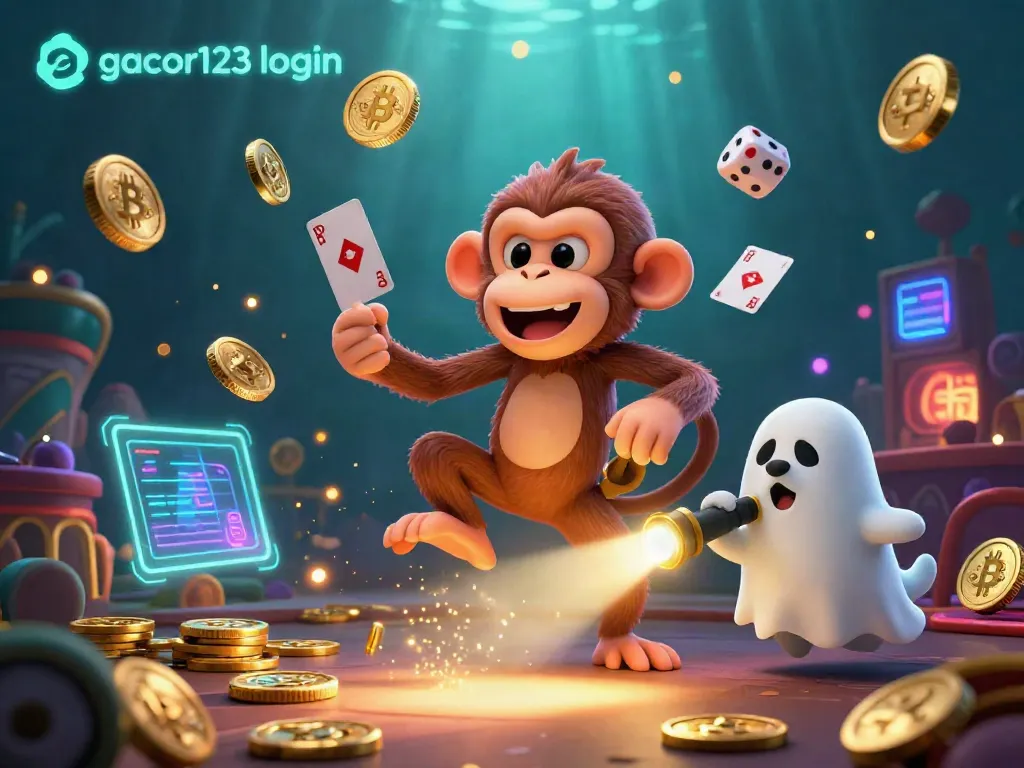 Engage in the excitement of gacor123 login with a playful poltergeist monkey and ghost-hunter puppy in a dynamic casino setting.