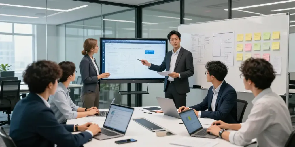 Team of consultants collaborating with AI content writer tools in a modern office space.