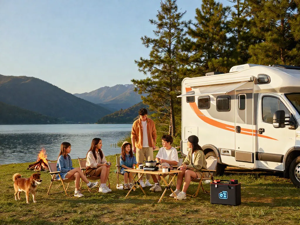 Family enjoying off-grid camping with a lithium battery for RV by a lake