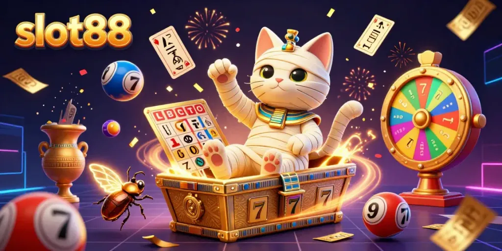 Experience excitement with slot88 in a vivid casino illustration featuring a mummy cat and dynamic game elements.