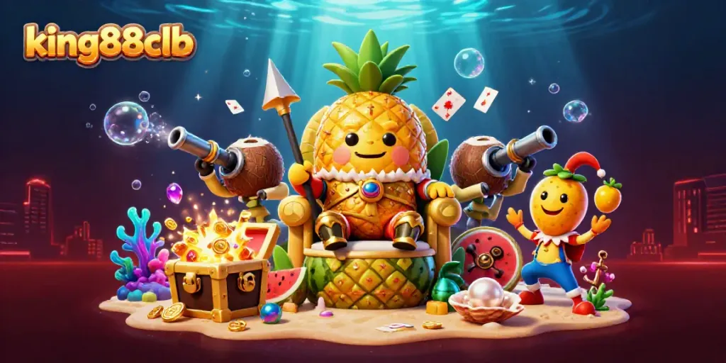 Experience the excitement of king88clb with a vibrant casino scene featuring a golden pineapple king and underwater treasures.