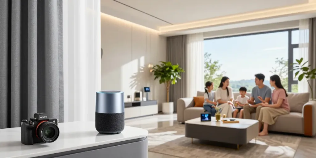 Smart home living room with technology integration, showcasing جهان اسمارت products in a stylish setting.