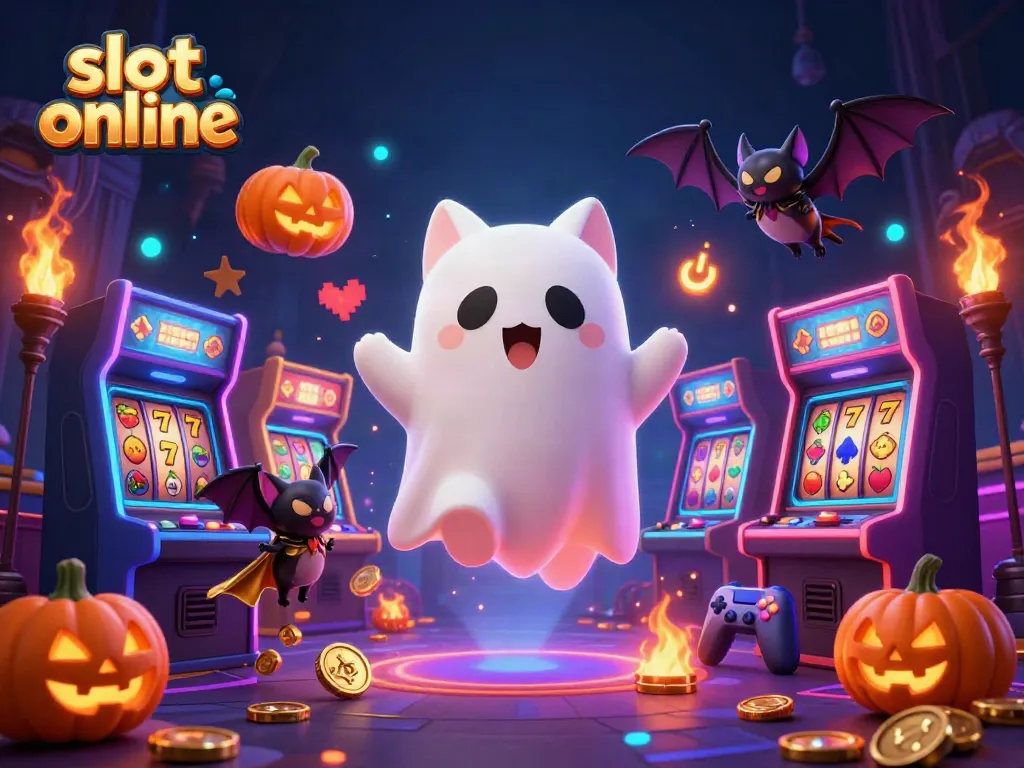 Play exciting slot online games with a ghost cat and glowing jackpot in this vibrant 3D casino illustration.