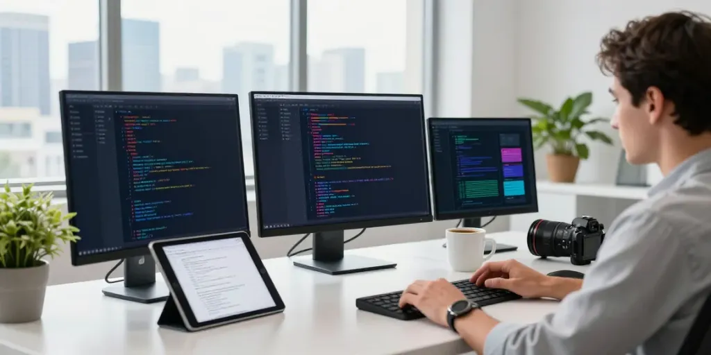 Developer working on apk applications in a modern workspace with code on monitors.