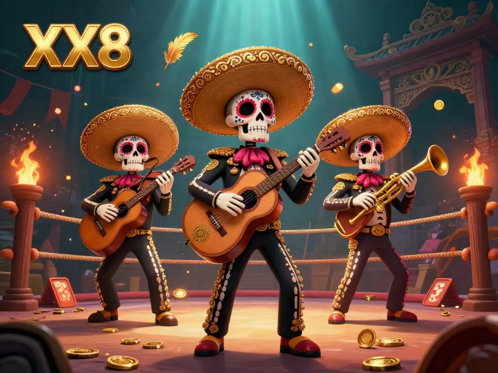 Experience the vibrant world of XX8 with a lively 3D mariachi band, golden tokens, and betting excitement.