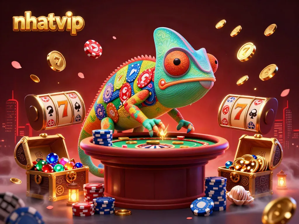 Nhatvip delivers a vibrant casino illustration featuring exciting slots, poker, and riches.