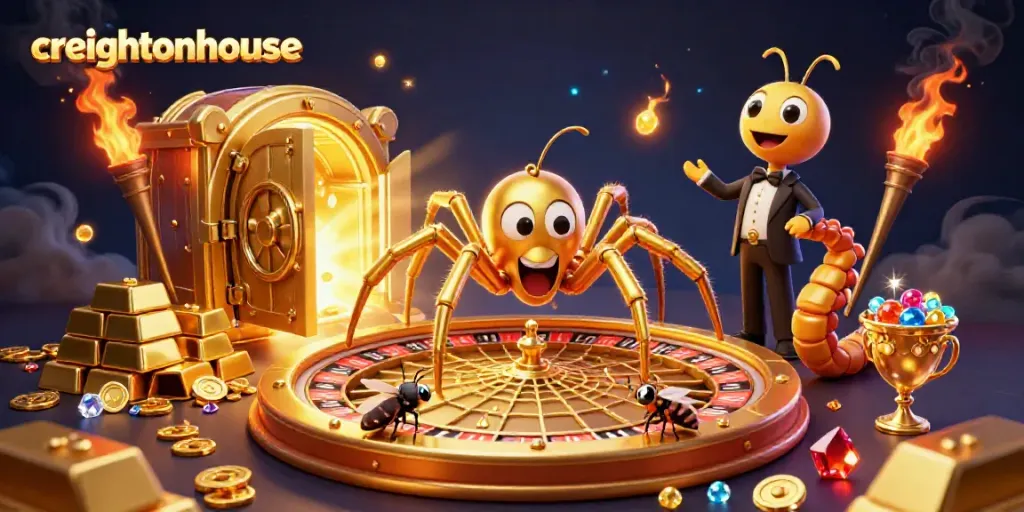 Engage in thrilling bets at Creightonhouse with a golden roulette wheel and animated casino characters.