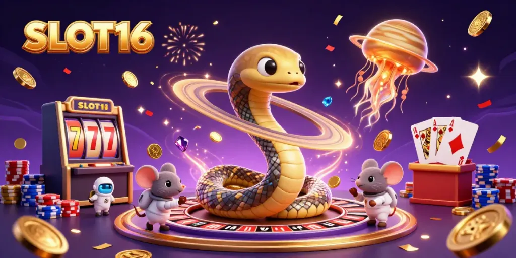 SLOT16 showcases an imaginative casino scene with a Saturn ring snake and astronaut mice celebrating wins in space.