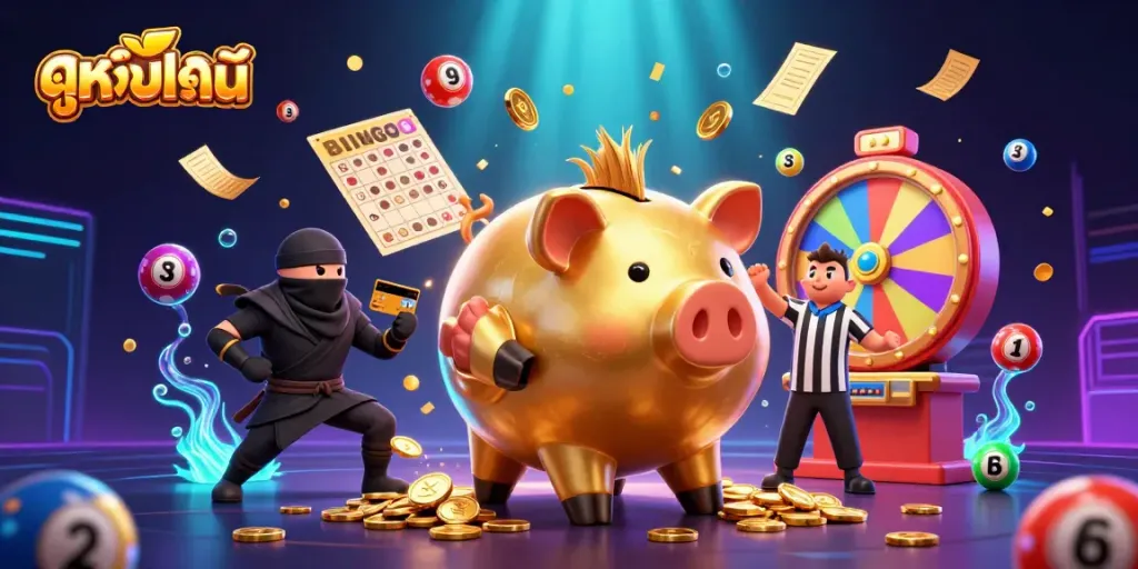 Catch the excitement of ดูหนังออนไลน์ with vibrant scenes featuring a golden piggy bank wrestler.