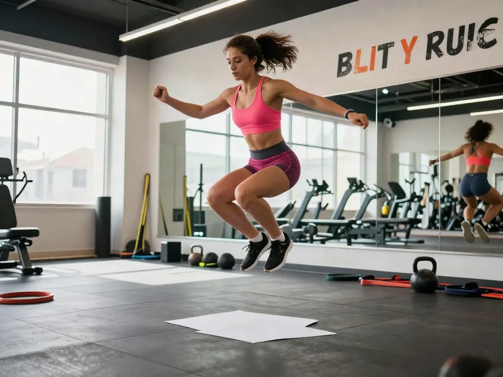 Woman performing a hop over exercise in a vibrant gym setting, hop over to these guys demonstrated with precision.
