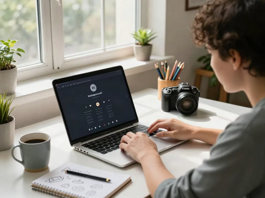 Person using insanony to view Instagram stories anonymously in a cozy workspace.