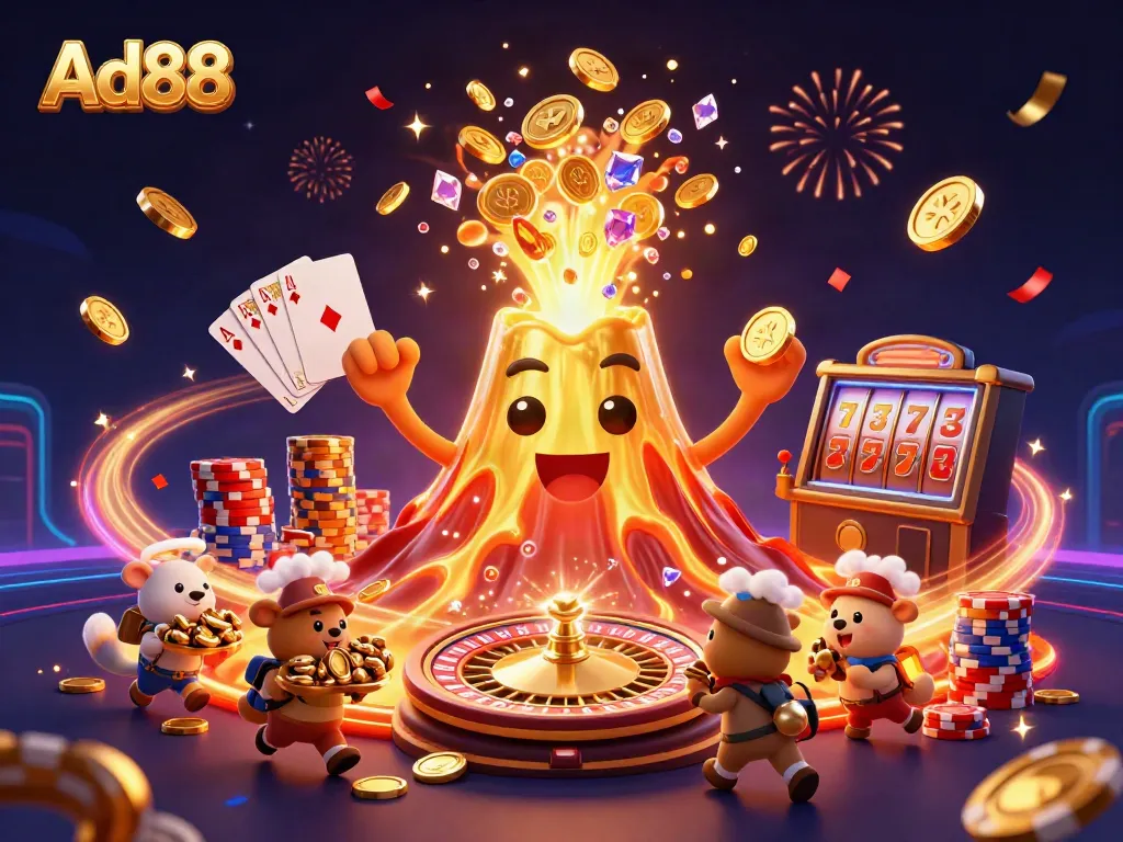 Ad88 showcases a vibrant casino scene with a golden volcano, treasure-seeking animals, and spinning roulette wheels.