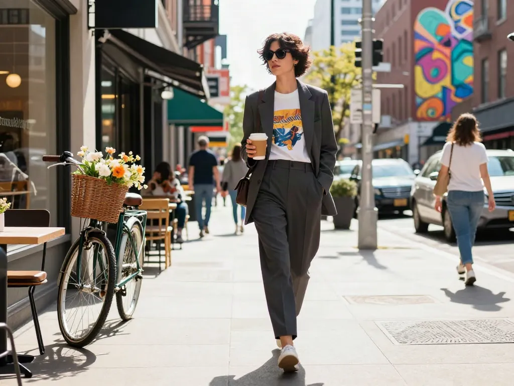 Fashionisk .com styled individual walking in urban setting, showcasing chic outfit and city lifestyle.